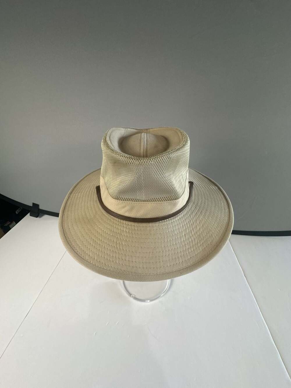 J Hats Khaki Mesh Crown Safari Sun Hat Wide Brim Hiking Golf Chin Strap 60cm